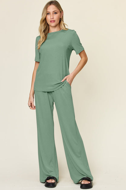 Hazel Blues® |  Double Take Round Neck Short Sleeve T-Shirt and Wide Leg Pants Set