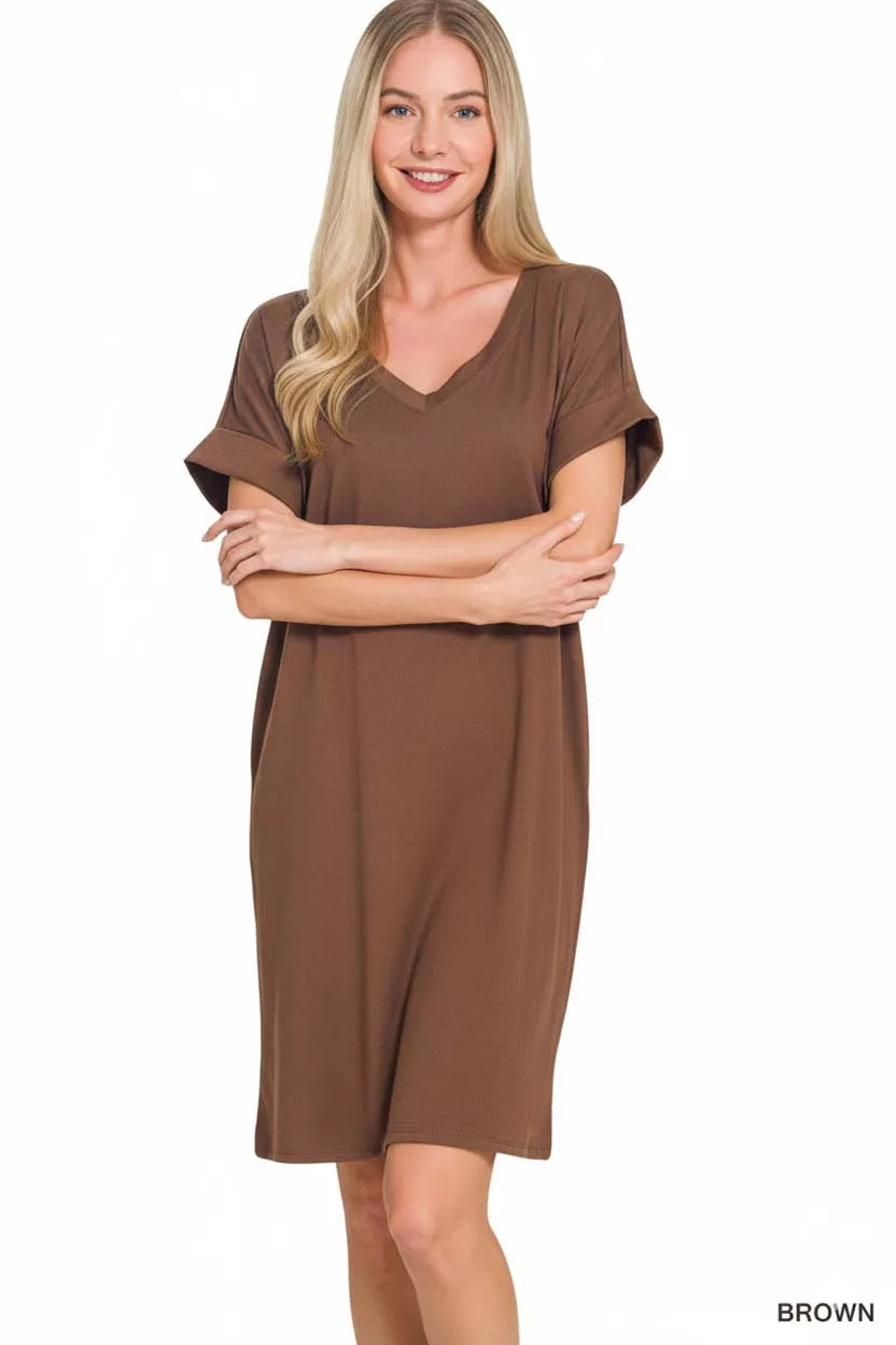 Hazel Blues® |  Zenana Brushed Dty Rolled Short Sleeve V-Neck Dress