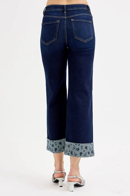 Hazel Blues® | RISEN Mid Rise Fit Crop Wide With Printed Cuff Jeans
