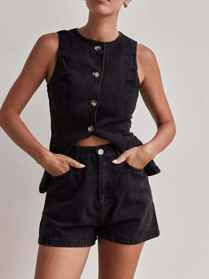 Hazel Blues® |  Button Down Vest and Shorts Denim Set