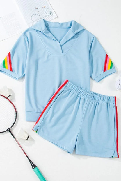Hazel Blues® |  Rainbow Collared Short Sleeve Top and Shorts Set
