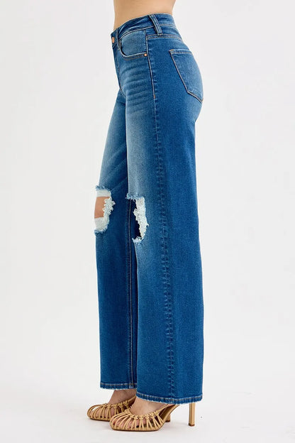 Hazel Blues® | RISEN Mid Waist Fit Boyfriend Knee Distressed Jeans