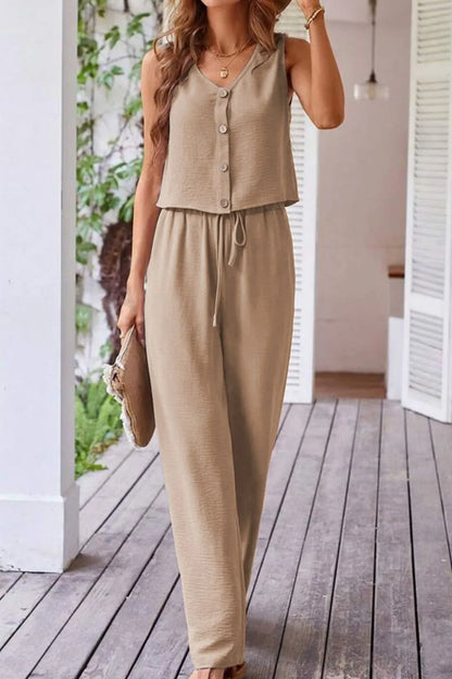Hazel Blues® |  Button Down Vest and Drawstring Wide Leg Pants Set