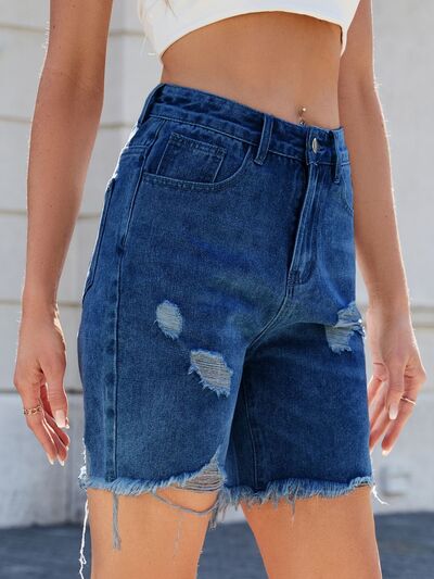 Hazel Blues® |  Distressed Raw Hem Denim Shorts