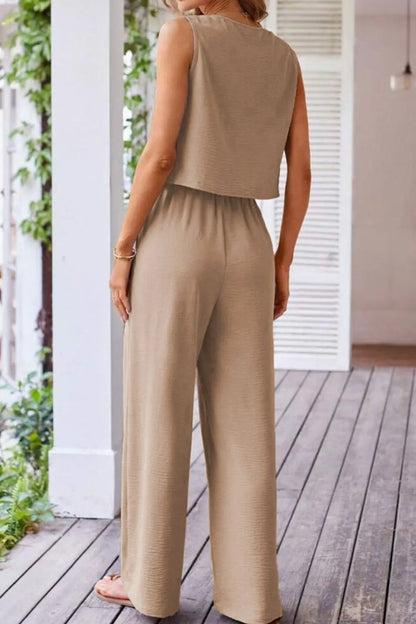 Hazel Blues® |  Button Down Vest and Drawstring Wide Leg Pants Set
