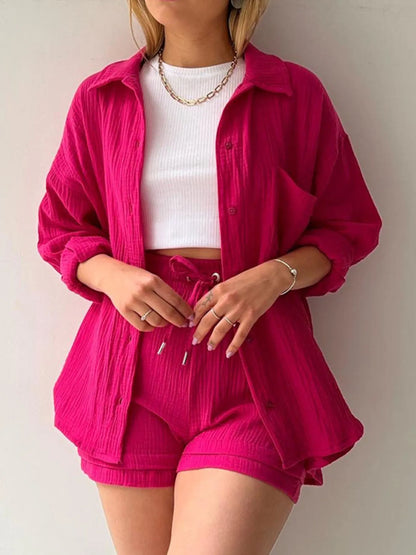 Hazel Blues® |  Textured Button Up Shirt and Shorts Set