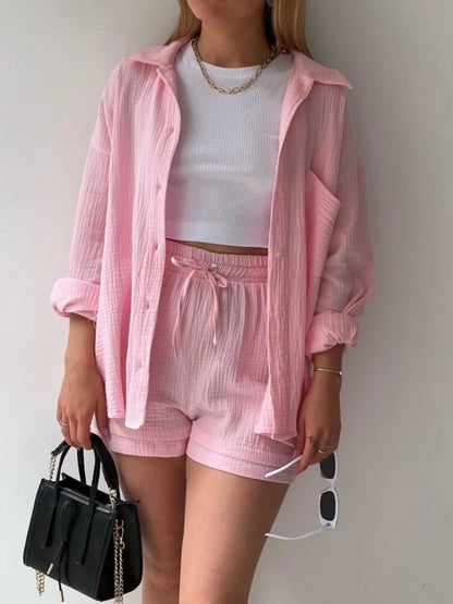 Hazel Blues® |  Textured Button Up Shirt and Shorts Set