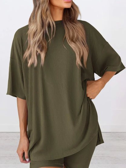 Hazel Blues® | Oversized Slit Round Neck Top and Shorts Lounge Set