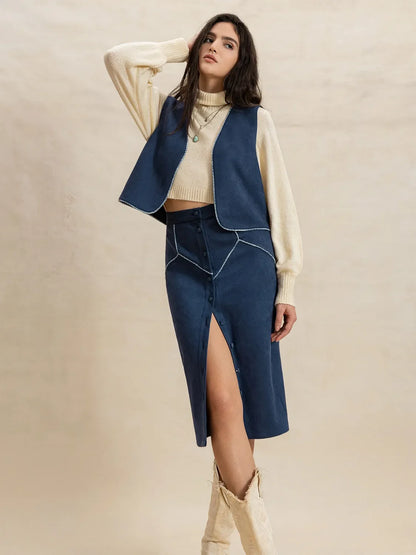 Hazel Blues® |  Open Front Vest and Buttoned Skirt Set