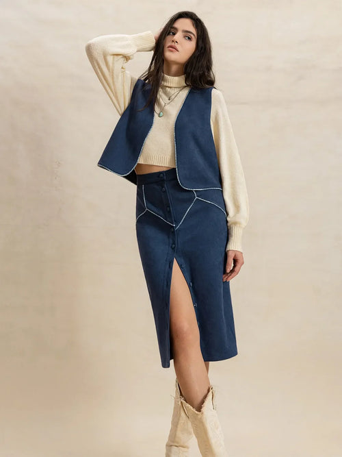 Hazel Blues® |  Open Front Vest and Buttoned Skirt Set