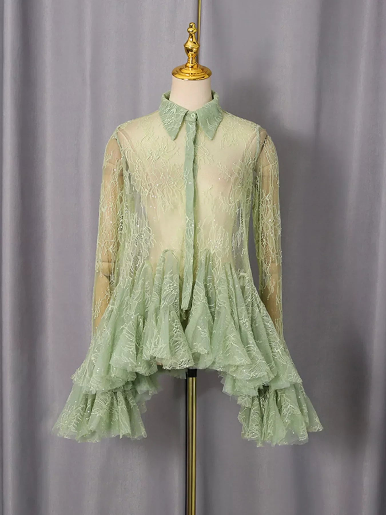 Hazel Blues® |  Ruffled Hem Lace Long Sleeve Dress