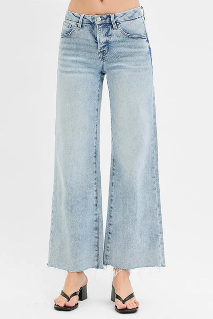 Hazel Blues® | RISEN Tummy Control Low Rise Wide Leg Raw Cut Hem Jeans