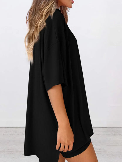 Hazel Blues® | Oversized Slit Round Neck Top and Shorts Lounge Set