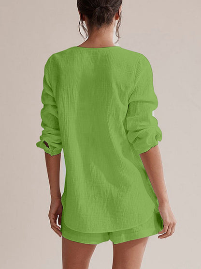 Hazel Blues® |  Notched Long Sleeve Top and Shorts Set