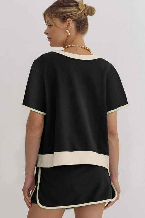 Hazel Blues® |  Black Sequin Football Bow Patched Colorblock Edge Tee and Skort Set
