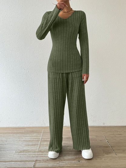 Hazel Blues® |  Ribbed V-Neck Long Sleeve Top and Pocketed Pants Set
