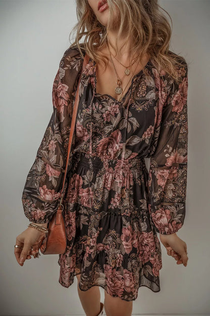 Hazel Blues® |  Floral Print Tie Neck Mini Dress