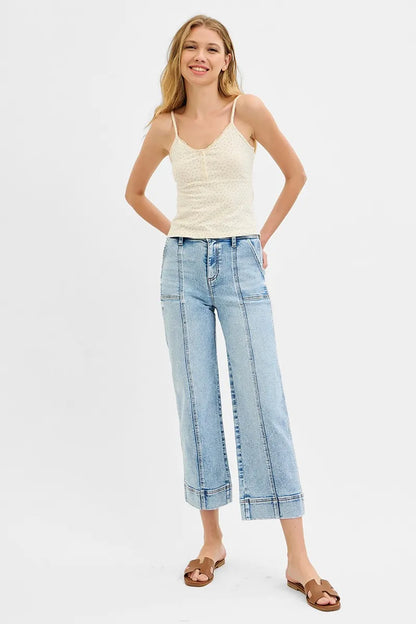 Hazel Blues® | RISEN High Rise Crop Wide Front Seam Detailed Jeans