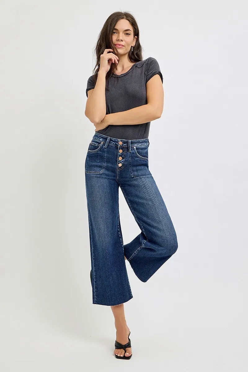 Hazel Blues® | RISEN High Rise Crop Wide Button Up Jeans