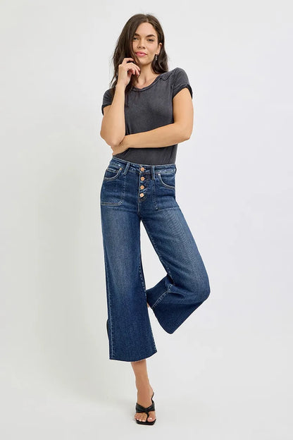 Hazel Blues® | RISEN High Rise Crop Wide Button Up Jeans