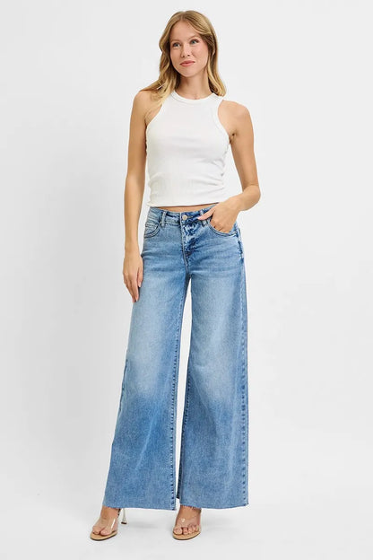 Hazel Blues® | RISEN Tummy Control High Rise Ankle Palazzo Jeans
