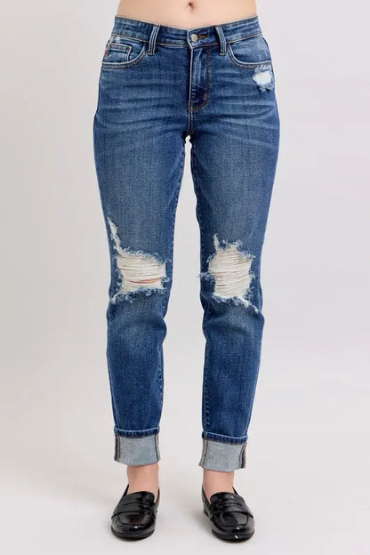 Hazel Blues® | Judy Blue Mid Rise Boyfriend destroy Jeans with Yoke Pockets and Faux Selvedge Cuff