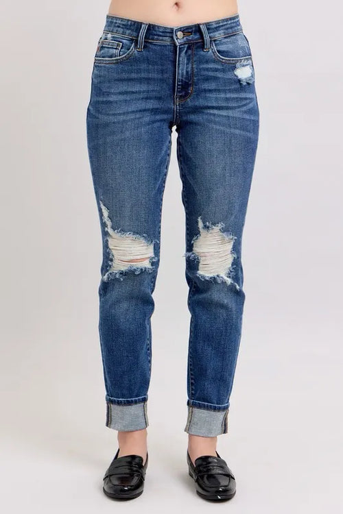 Hazel Blues® | Judy Blue Mid Rise Boyfriend destroy Jeans with Yoke Pockets and Faux Selvedge Cuff