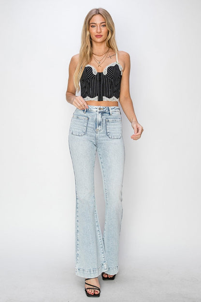 Hazel Blues® |  Risen High Rise Front Patch Pocket Flare Jeans