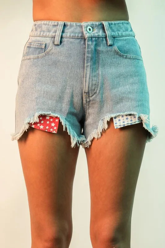 Hazel Blues® |  VERY J Raw Hem Pocketed Contrast Washed Denim Shorts