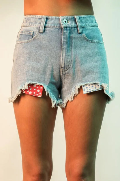 Hazel Blues® |  VERY J Raw Hem Pocketed Contrast Washed Denim Shorts