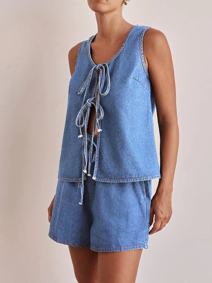 Hazel Blues® |  Tie Front Vest and Shorts Denim Set