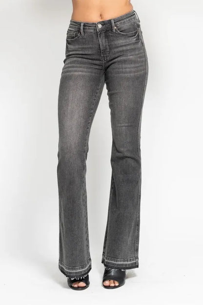 Hazel Blues® | Judy Blue Mid Rise Tummy Control Washed Gray Release Hem Flare Jeans