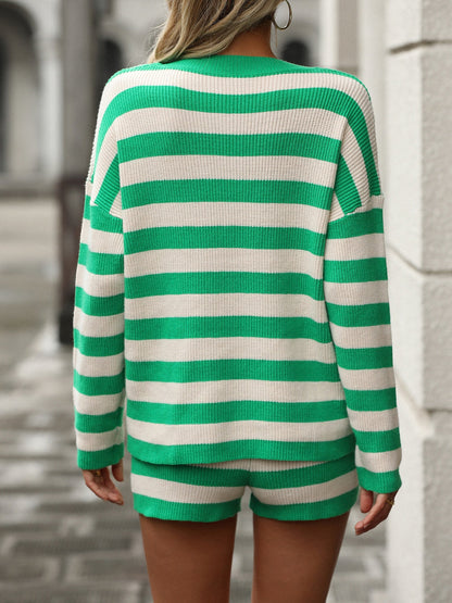 Hazel Blues® |  Striped Round Neck Top and Shorts Sweater Set