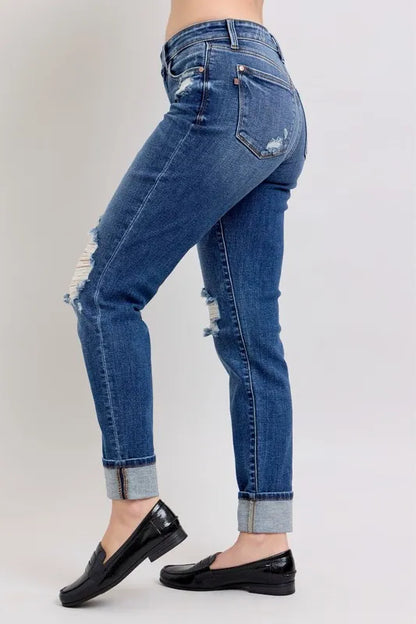 Hazel Blues® | Judy Blue Mid Rise Boyfriend destroy Jeans with Yoke Pockets and Faux Selvedge Cuff