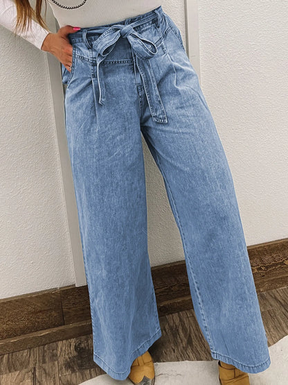 Hazel Blues® |  High Waisted Wide Leg Belted Jeans