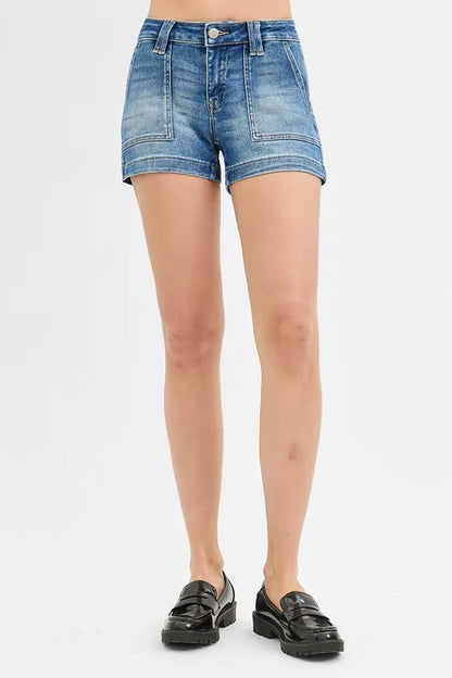 Hazel Blues® |  RISEN Low Rise Patched Pocket Shorts
