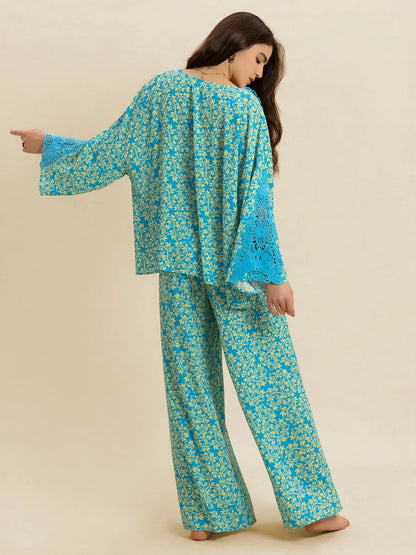Hazel Blues® |  Boho Open Front Kimono Top & Wide Leg Pants Set
