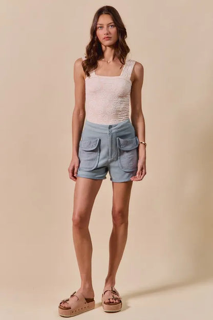 Hazel Blues® |  SO ME Mineral Washed Terry High Rise Cargo Shorts