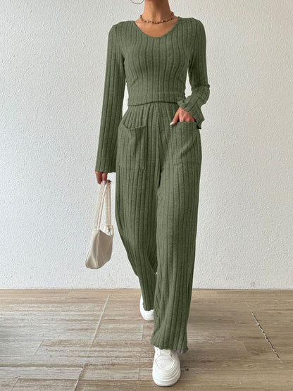 Hazel Blues® |  Ribbed V-Neck Long Sleeve Top and Pocketed Pants Set