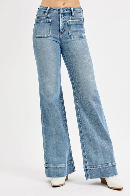 Hazel Blues® | RISEN High Rise Wide Flare Patch Pocket Jeans