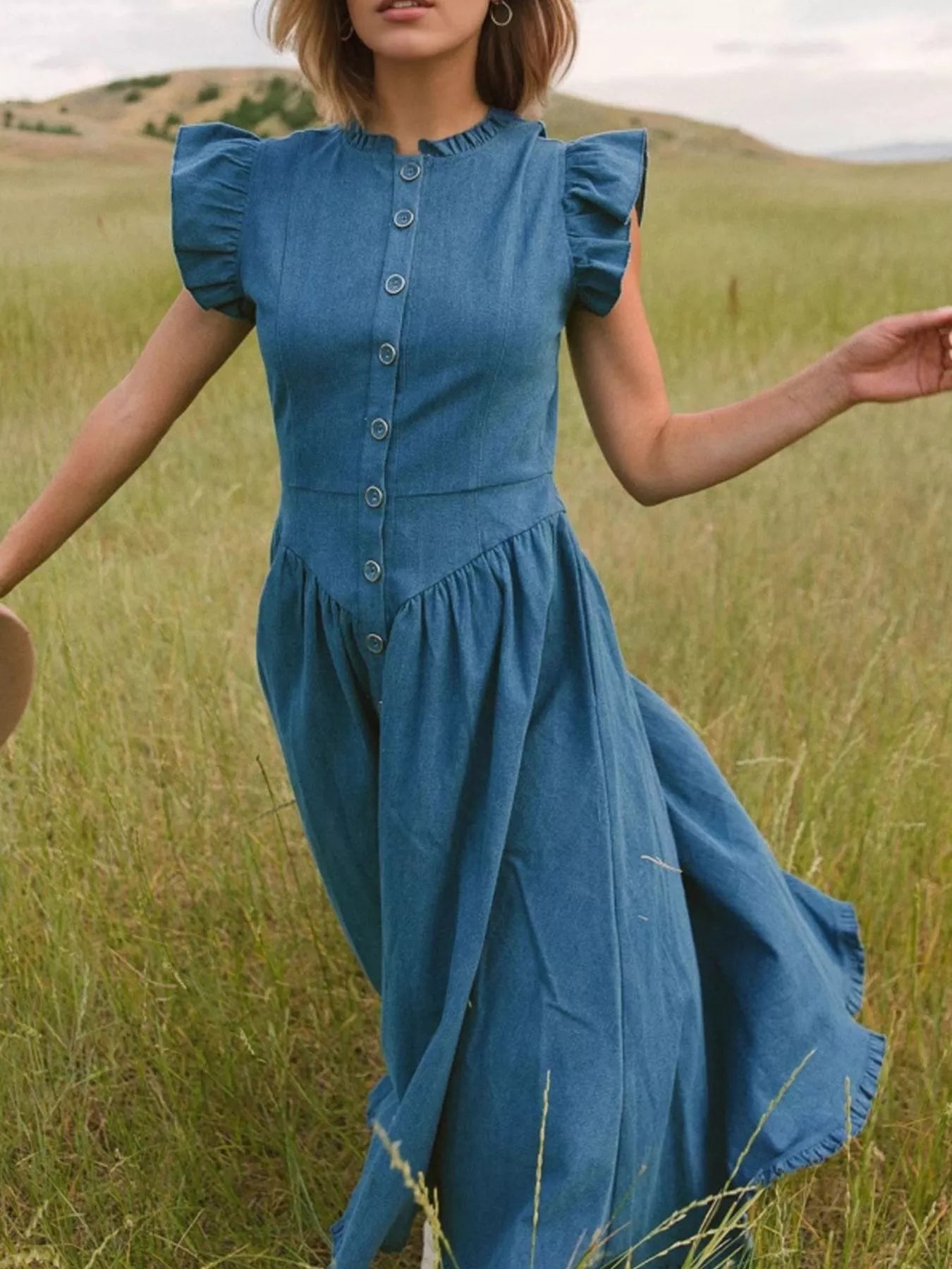 Hazel Blues® |  Ruffled Cap Sleeve Denim Dress