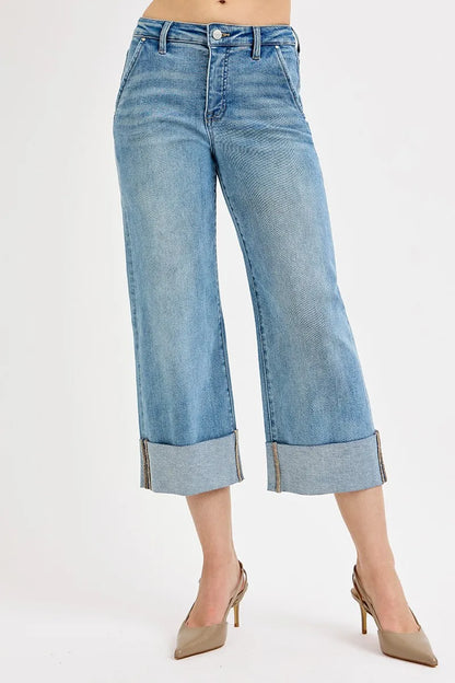 Hazel Blues® | RISEN Tummy Control High Rise Ankle Wide Cuffed Jeans
