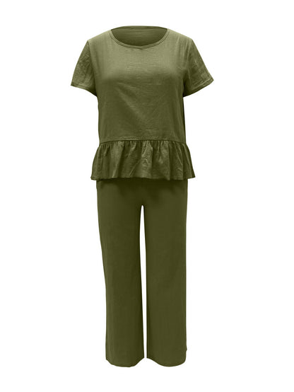 Hazel Blues® |  Peplum Round Neck Short Sleeve Top and Pants Set