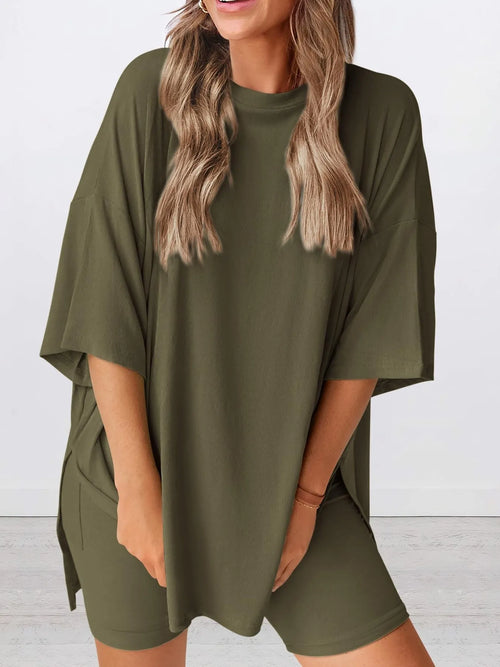 Hazel Blues® | Oversized Slit Round Neck Top and Shorts Lounge Set