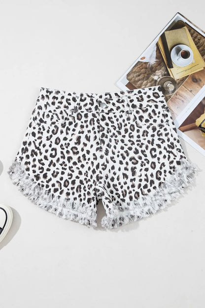 Hazel Blues® |  Leopard Frayed Hem Denim Shorts