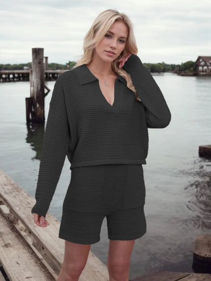 Hazel Blues® |  Johnny Collar Long Sleeve Top and Shorts Sweater Set
