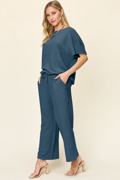 Hazel Blues® |  Double Take Texture Short Sleeve Top and Pants Set