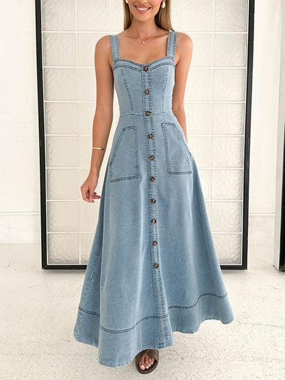 Hazel Blues® |  Decor Button Front A-Line Denim Dress