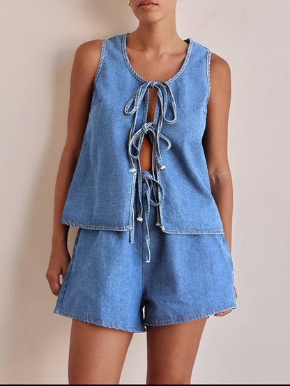 Hazel Blues® |  Tie Front Vest and Shorts Denim Set