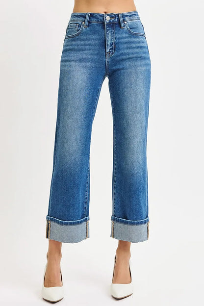 Hazel Blues® | RISEN Mid Rise Crop Straight Cuffed Jeans